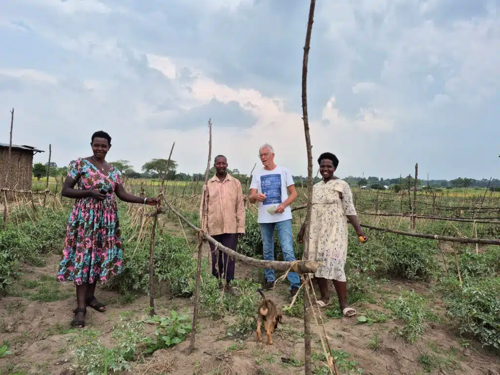 Wim Mensink kijkt met inwoners van Kihihi naar een veld waar tomaten worden geteeld